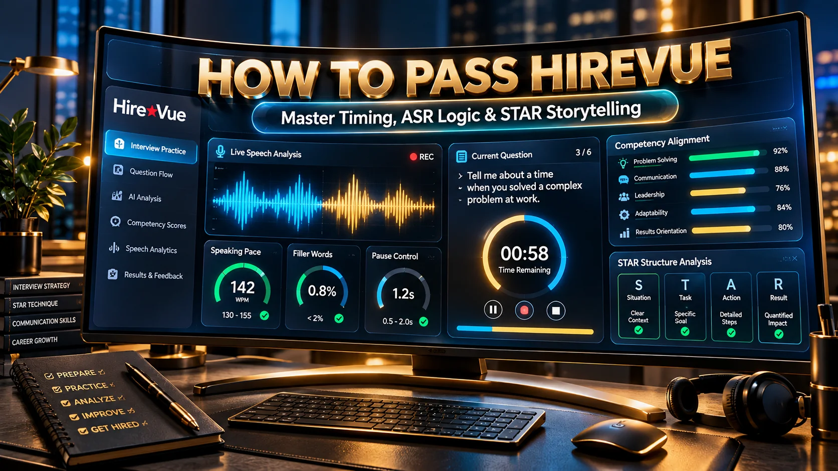 Executive HireVue interview evaluation workstation showing speech acoustic waveforms and competency scoring meters