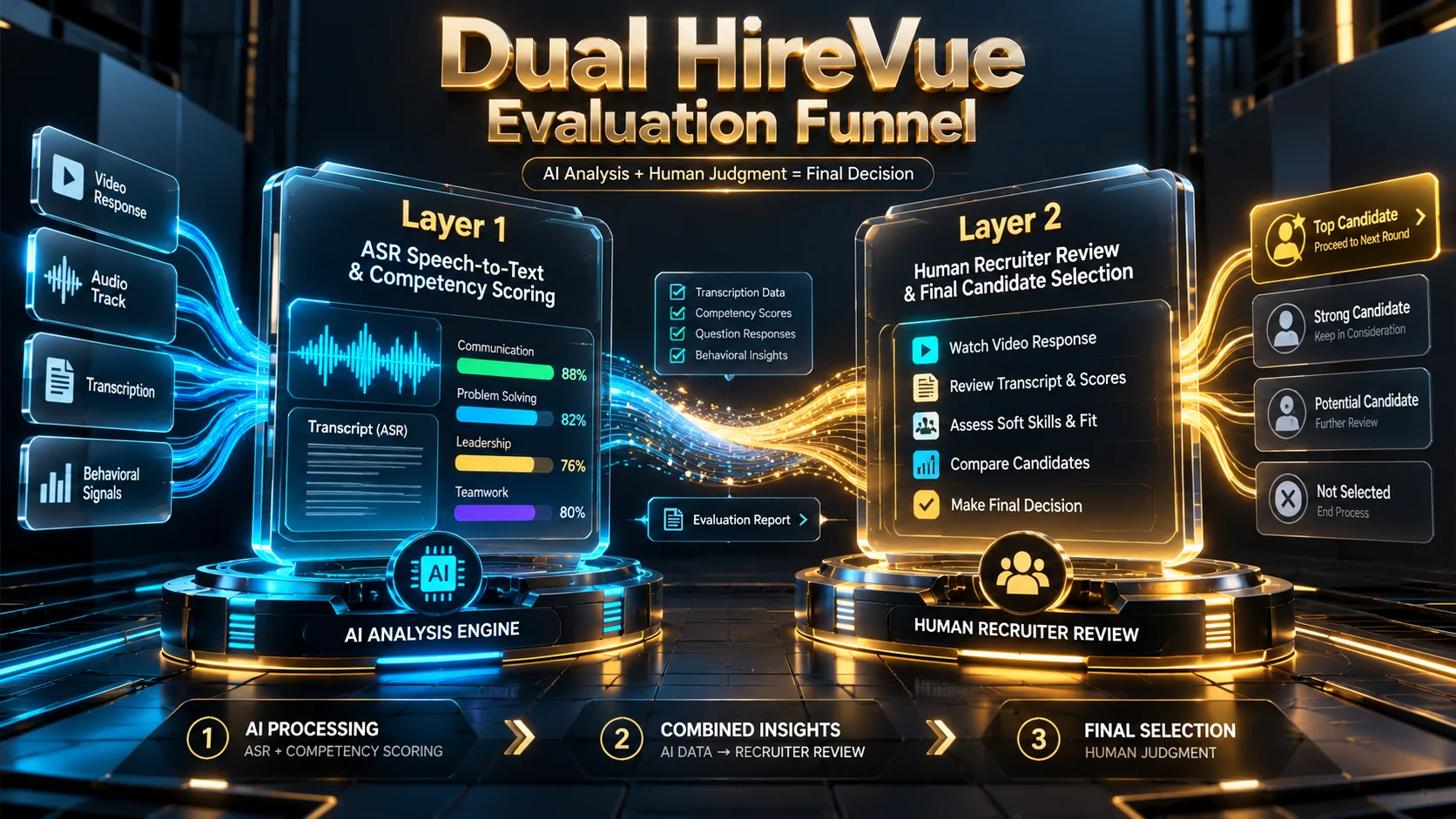 Technical 3D architectural diagram illustrating the Dual HireVue Evaluation Funnel from ASR to Recruiter Review