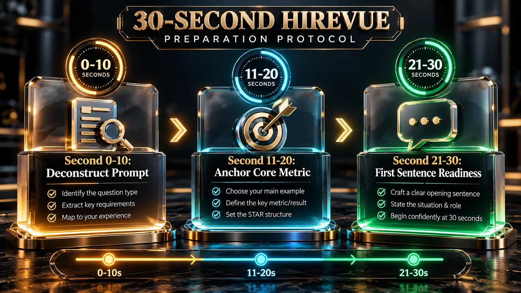 Executive 3D architectural flowchart visualizing the 30-Second HireVue Preparation Protocol