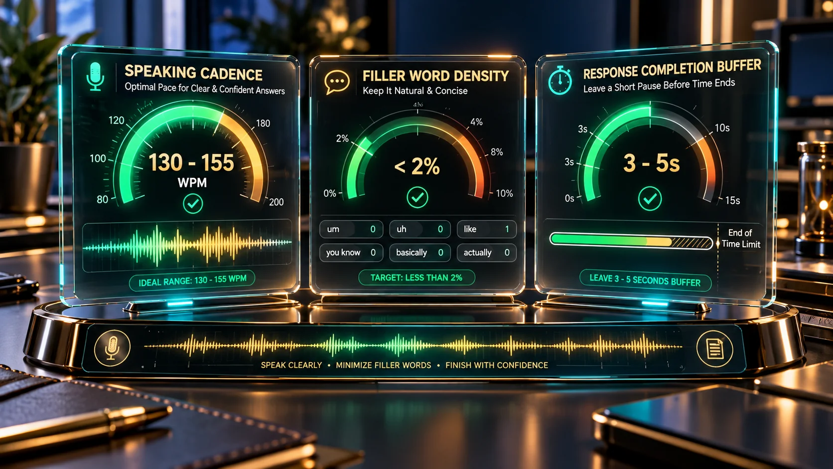 Futuristic 3D holographic dashboard visualizing spoken acoustic benchmarks for on-demand video interviews