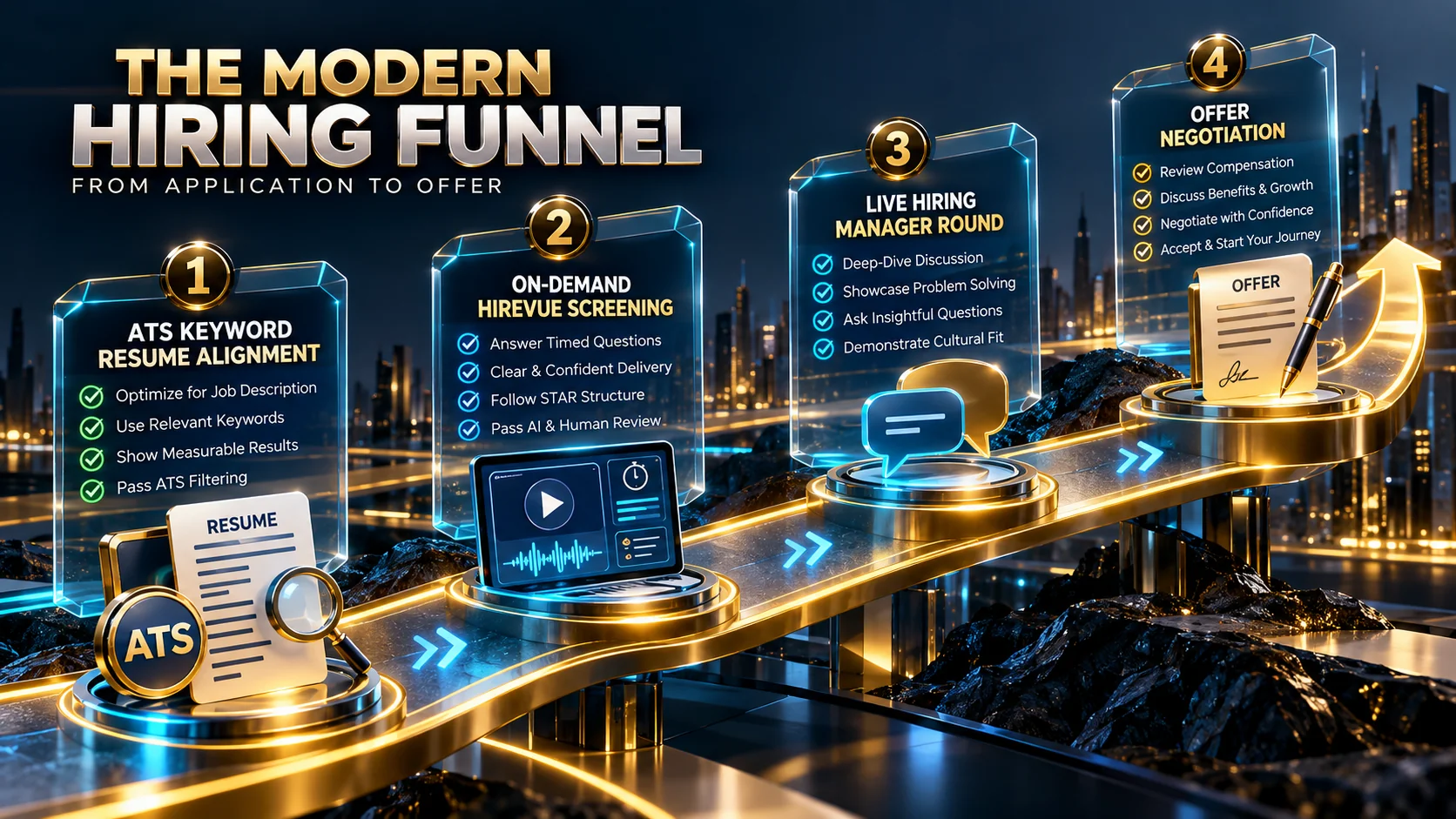 Executive career roadmap infographic showcasing the 4-stage modern hiring funnel