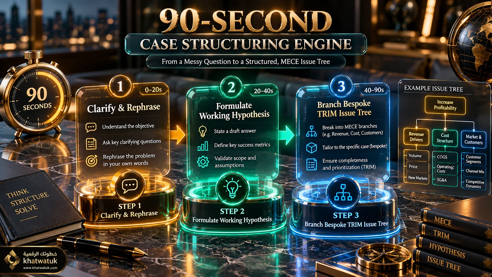 90-second case structuring engine decision sequence on executive desk