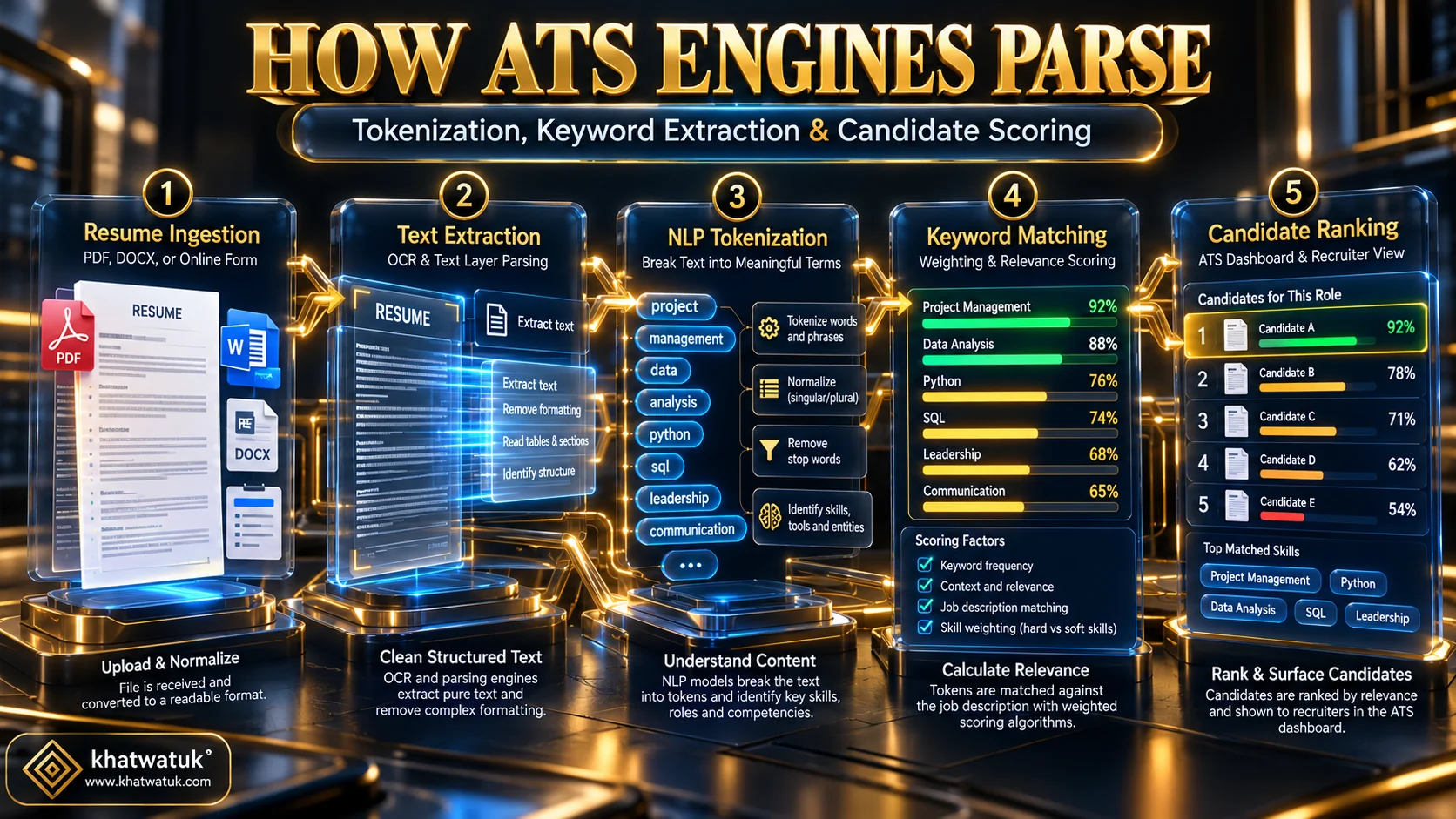 Step-by-step workflow of how enterprise applicant tracking systems parse and score resume keywords