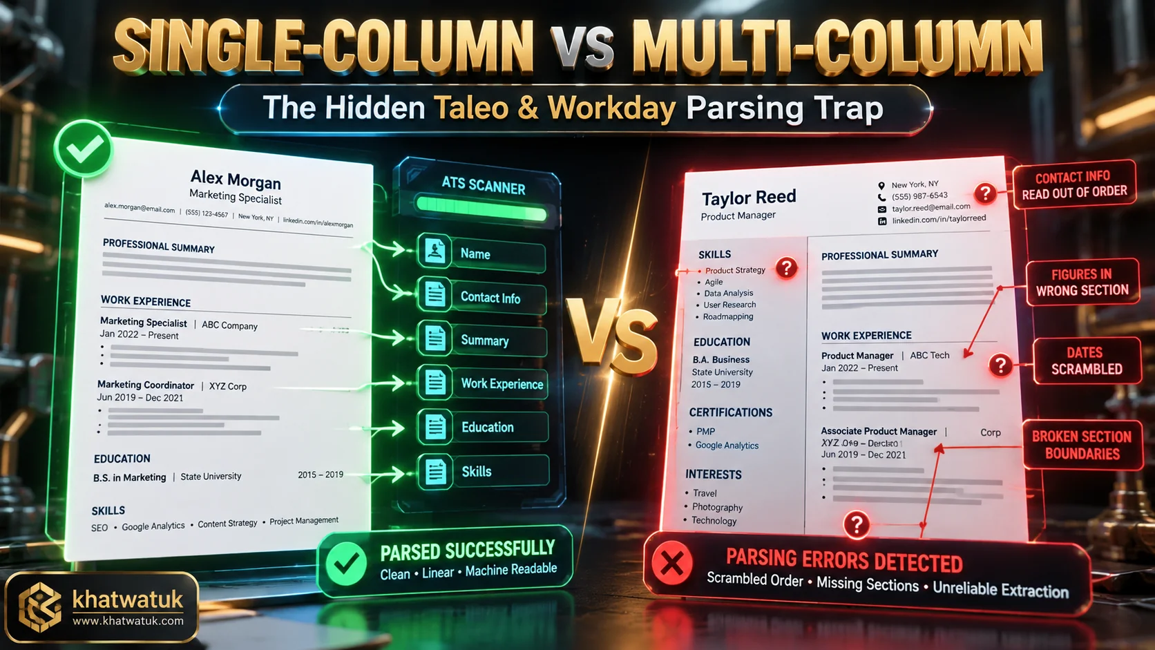 Comparison of single-column ATS parsable resume layout versus scrambled multi-column template