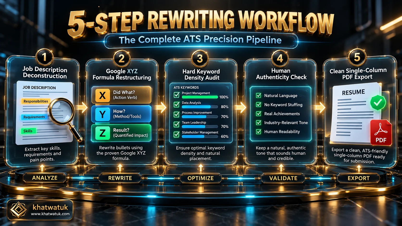 Five-step architectural diagram for rewriting resume bullet points with AI and passing ATS filters