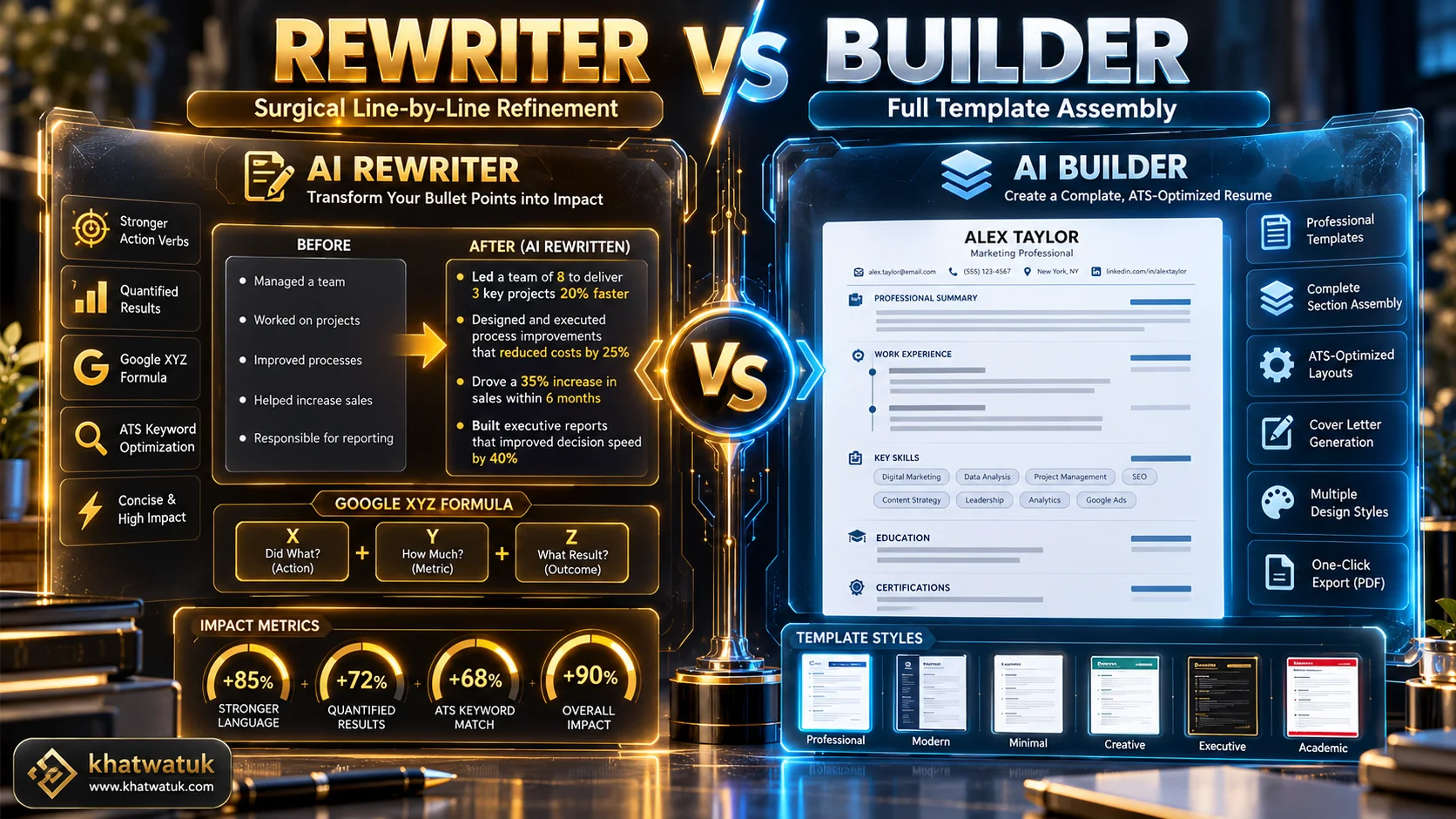 Infographic comparing surgical line-by-line AI resume rewriters vs comprehensive AI builders in 2026