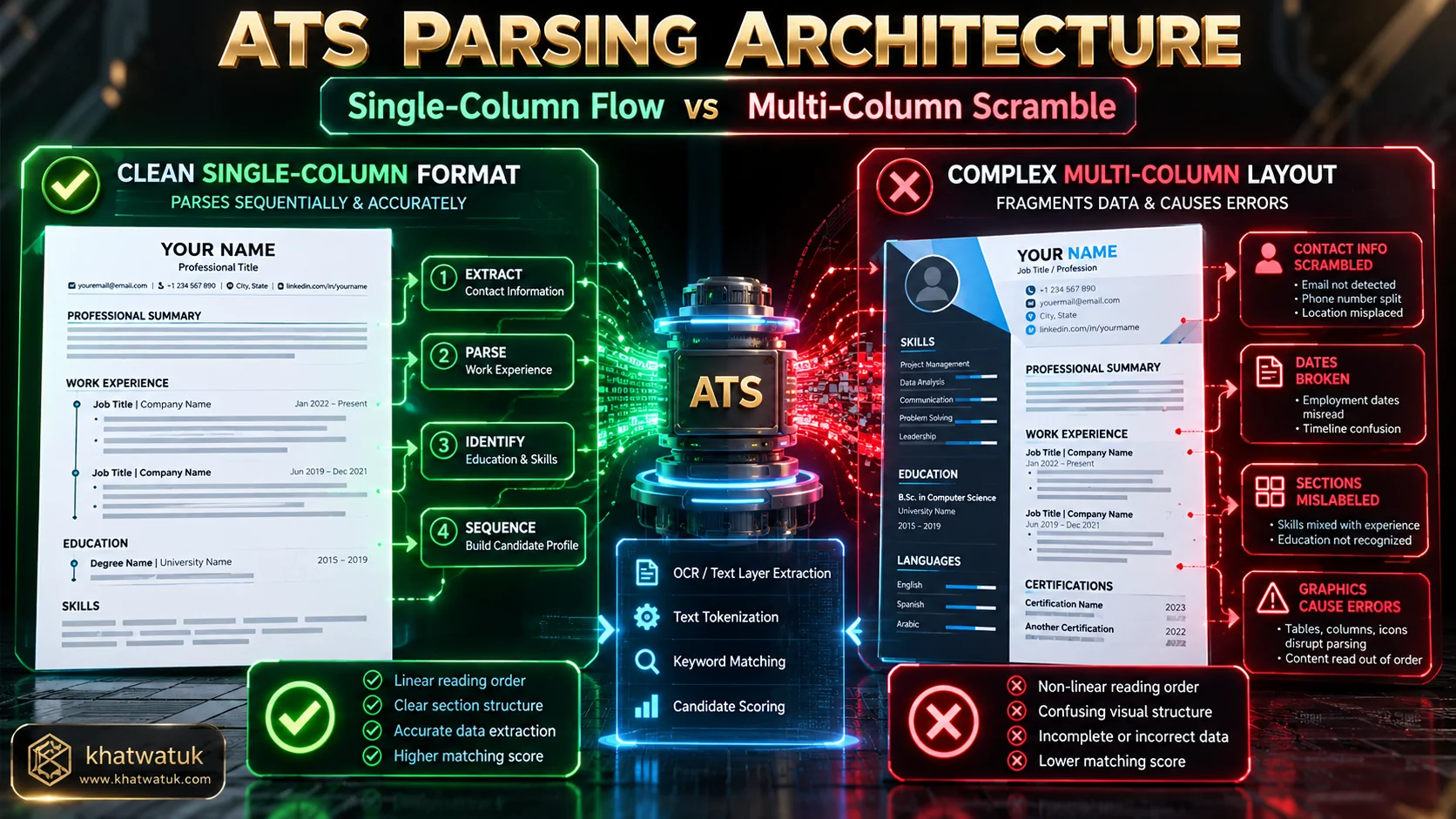 ATS parsing architecture comparison blueprint showing clean single-column format vs complex graphical layouts