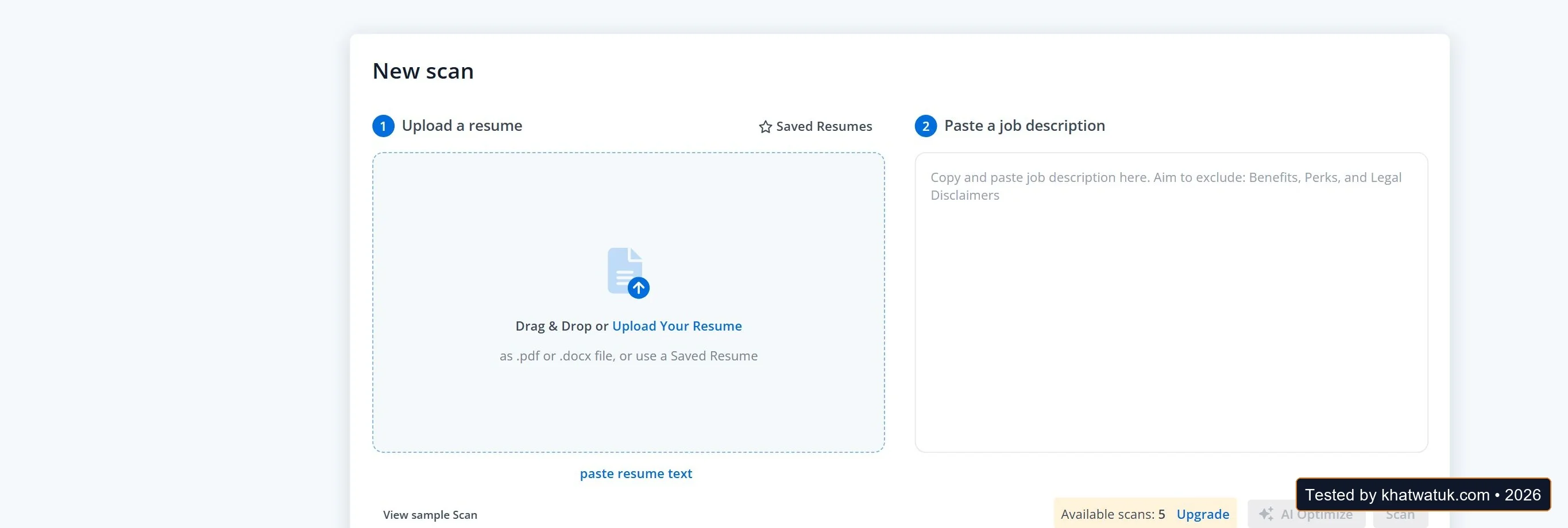 Dual-input interface showing resume upload alongside target job description text box in Jobscan