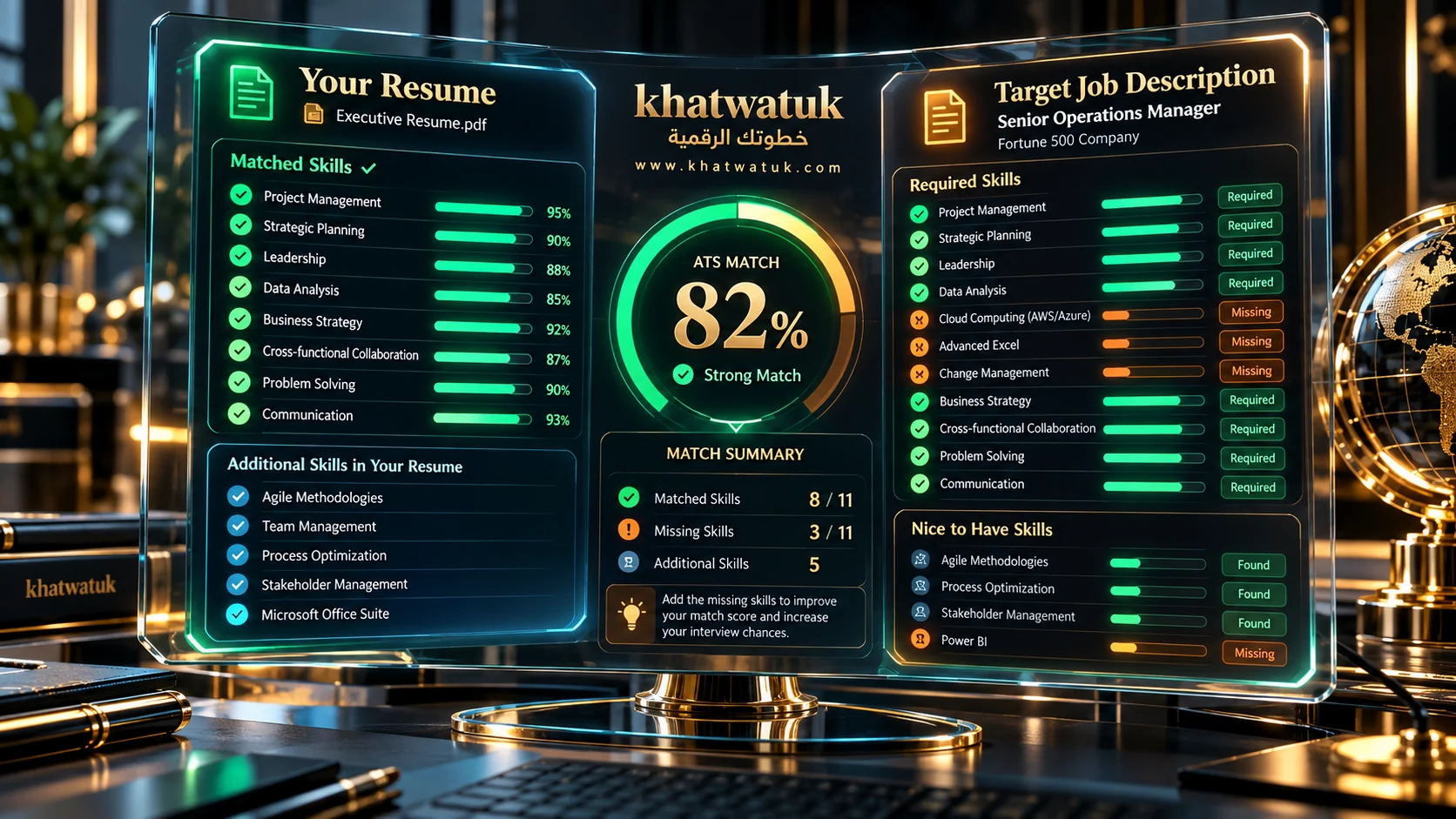 AI resume comparison dashboard contrasting a candidate resume against a job description with real-time keyword matching highlights