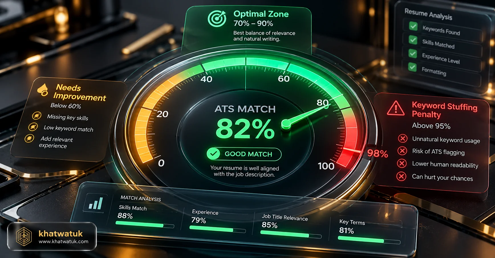 Graphic representation of the ATS match score sweet spot showing optimal target range between 75 percent and 85 percent
