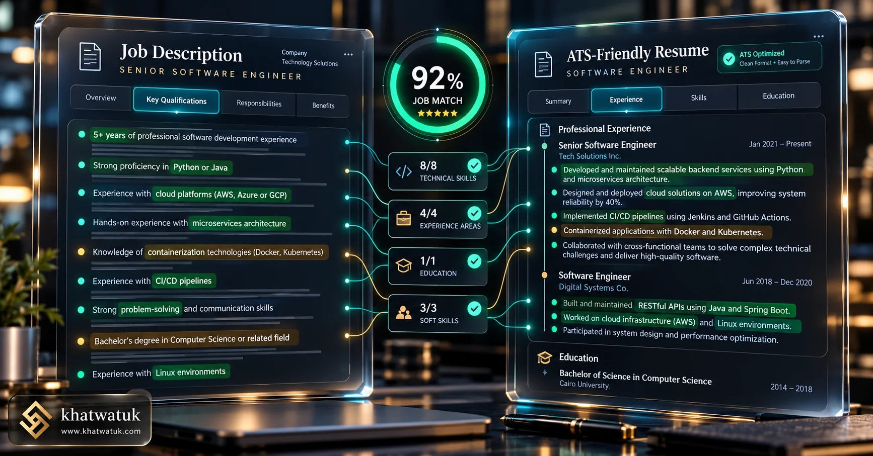 Split-screen interface demonstrating manual and automated keyword comparison between job requirements and resume bullets