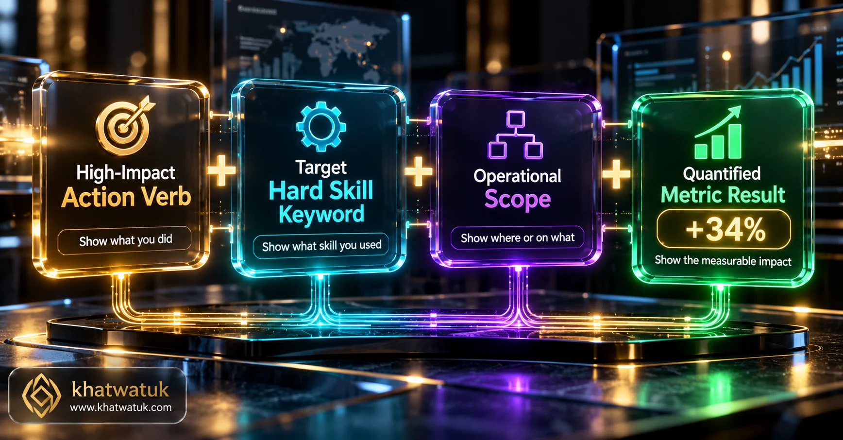Data visualization diagram breaking down the high-impact resume bullet point formula combining action verbs, keywords, and quantified results