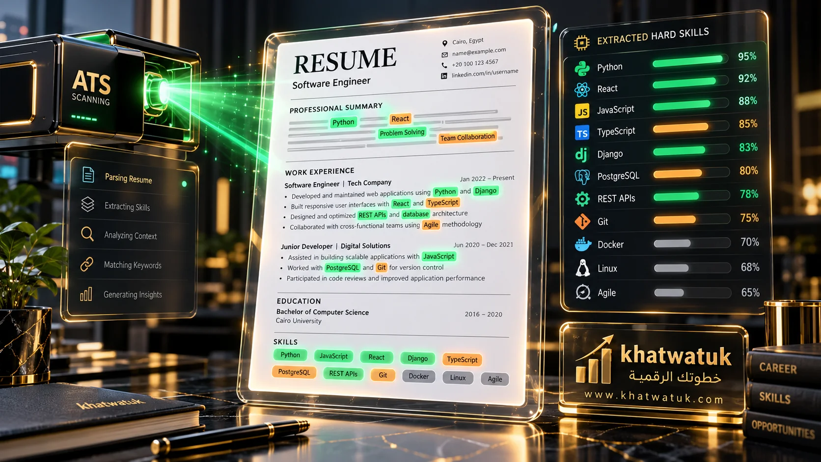 Futuristic digital resume interface with holographic beam highlighting hard skill keywords and technical qualifications
