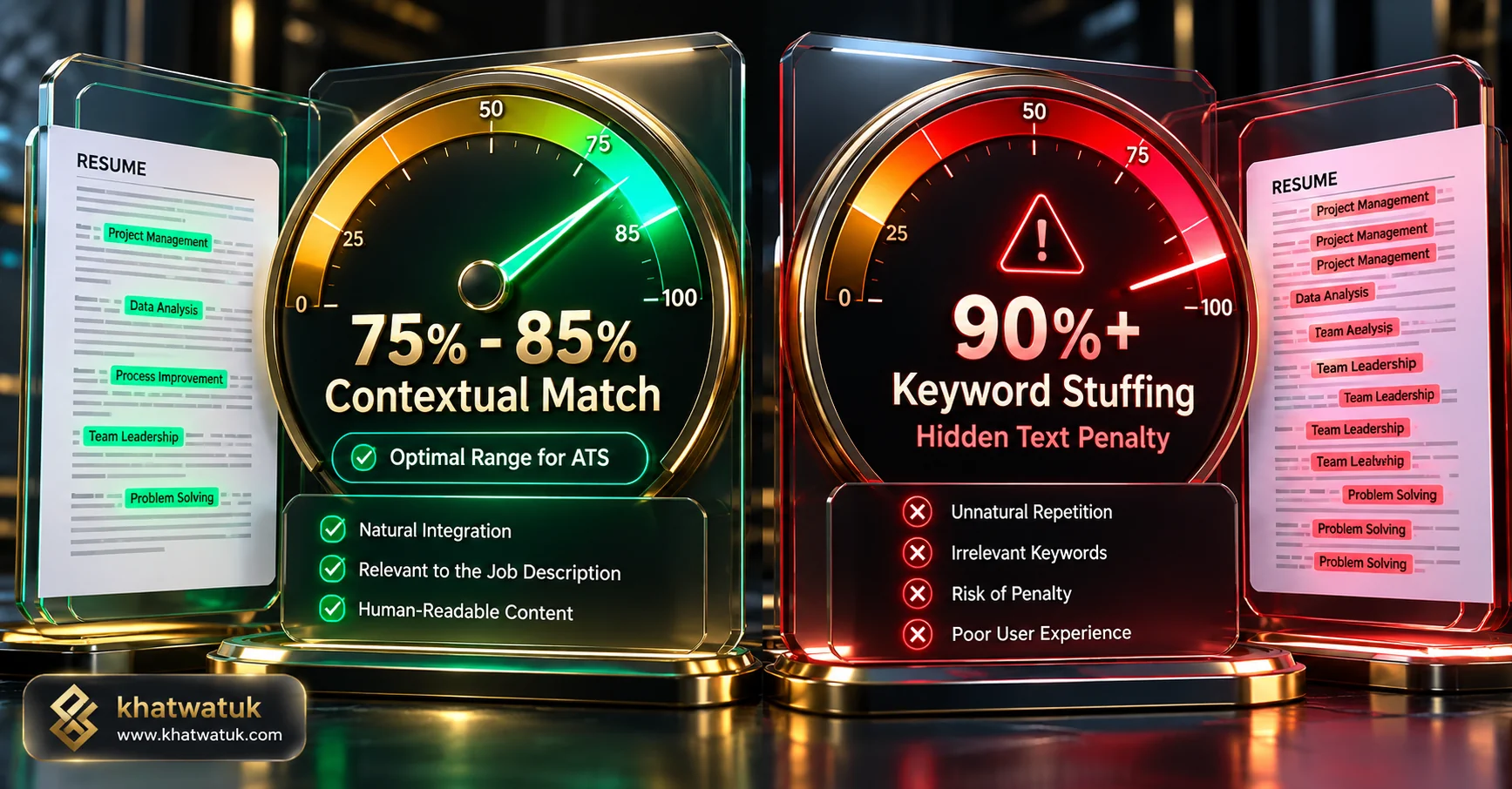 Comparison dial contrasting the penalized keyword stuffing zone with the optimal 75 to 85 percent ATS keyword match sweet spot
