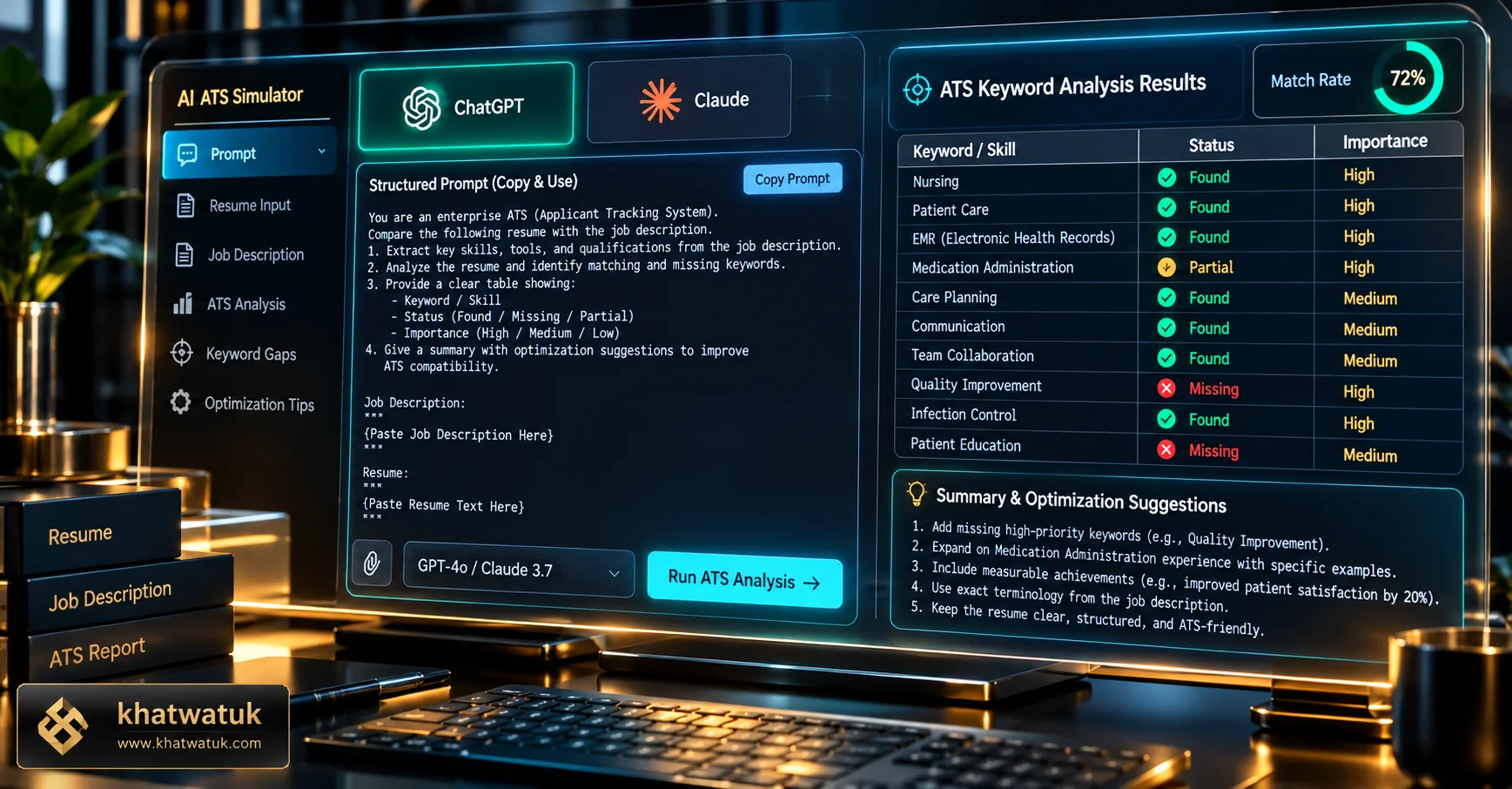 Modern terminal screen displaying a structured AI prompt workflow simulating an enterprise ATS scanner