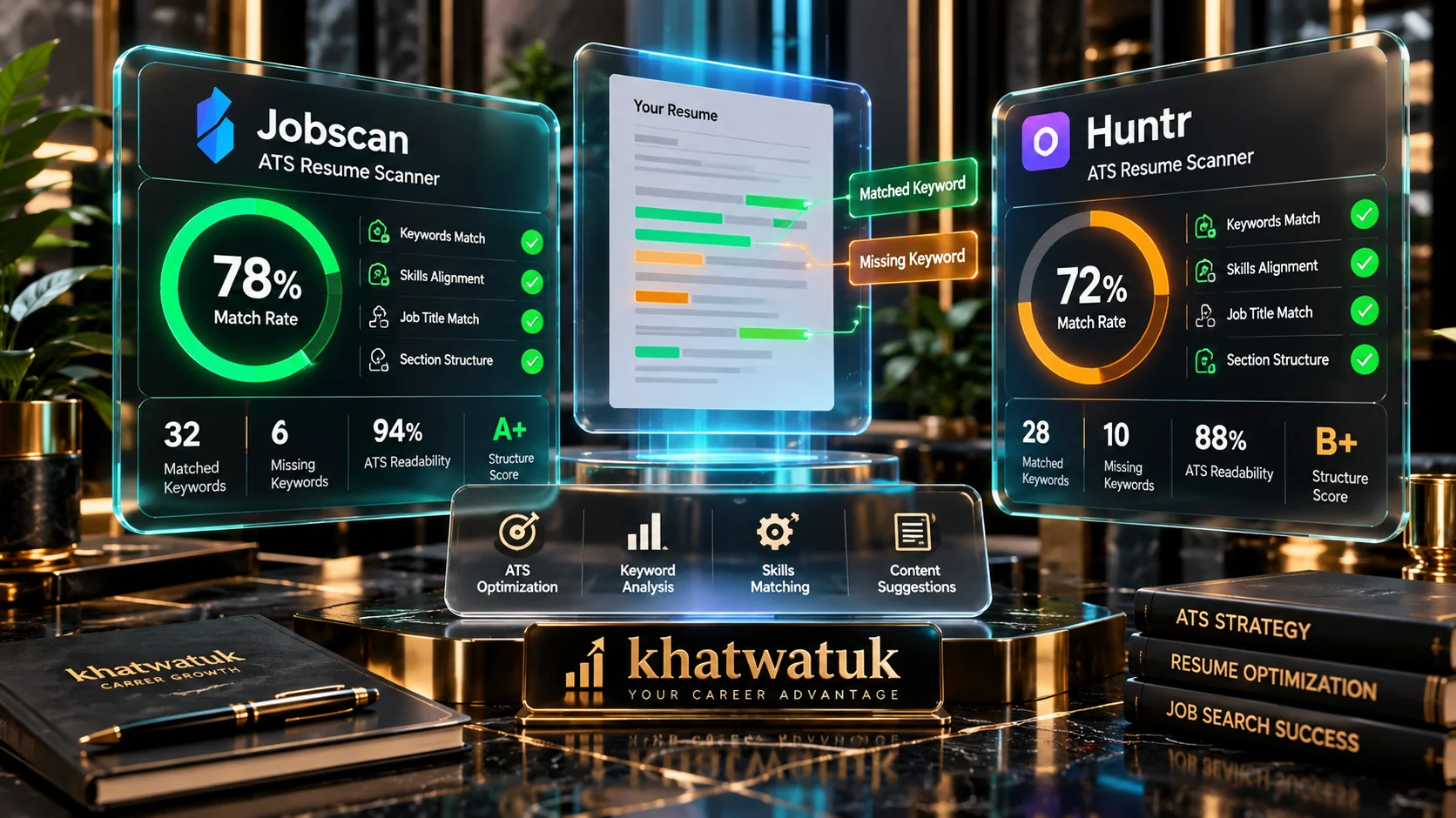 Futuristic career analytics dashboard comparing top free alternatives to Jobscan on floating glass monitors