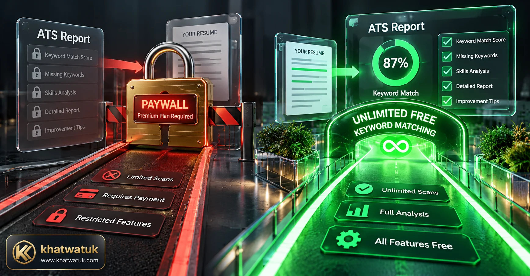 Graphic representation contrasting restrictive paywall limits against open free-tier resume scanning workflows
