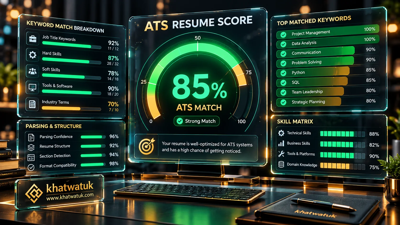 Futuristic career analytics dashboard displaying a glowing 85 percent ATS resume score gauge on floating glass displays