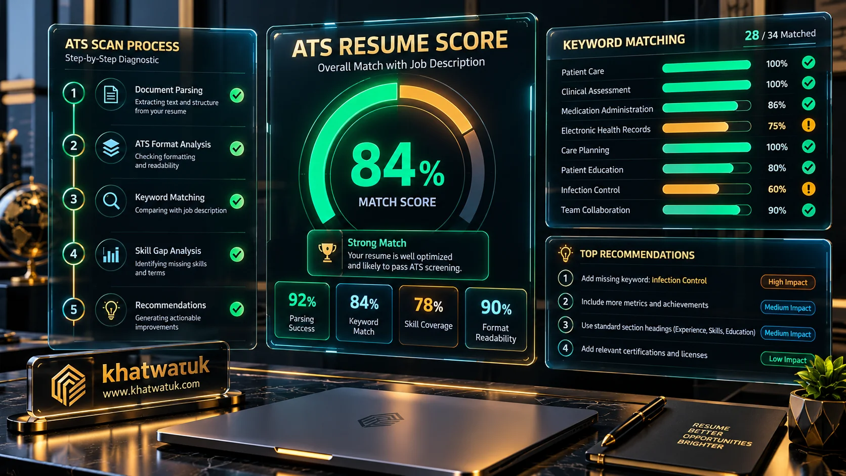 Futuristic career analytics dashboard displaying a step-by-step ATS resume score diagnostic interface on floating glass monitors