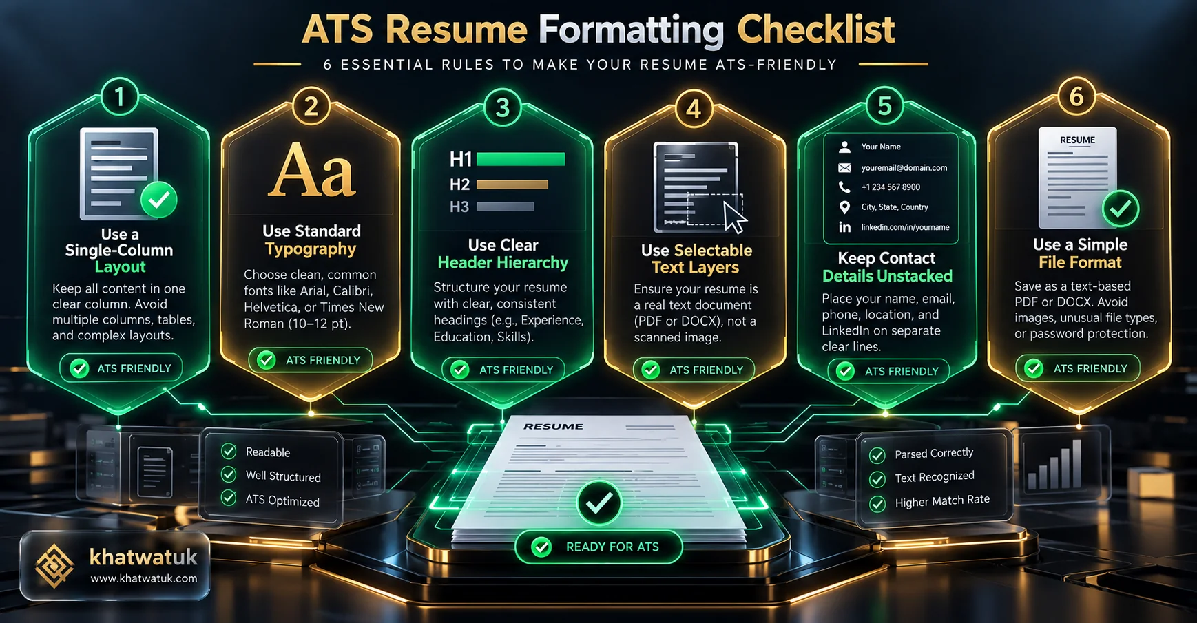 Visual infographic diagram illustrating the 6-point ATS resume formatting checklist for machine readability
