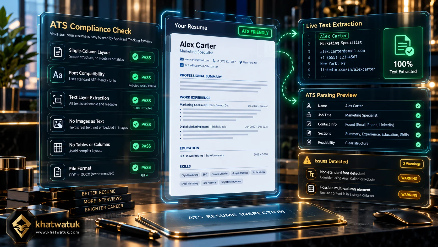 Executive workstation displaying an ATS resume compliance inspection and text verification interface across glass monitors