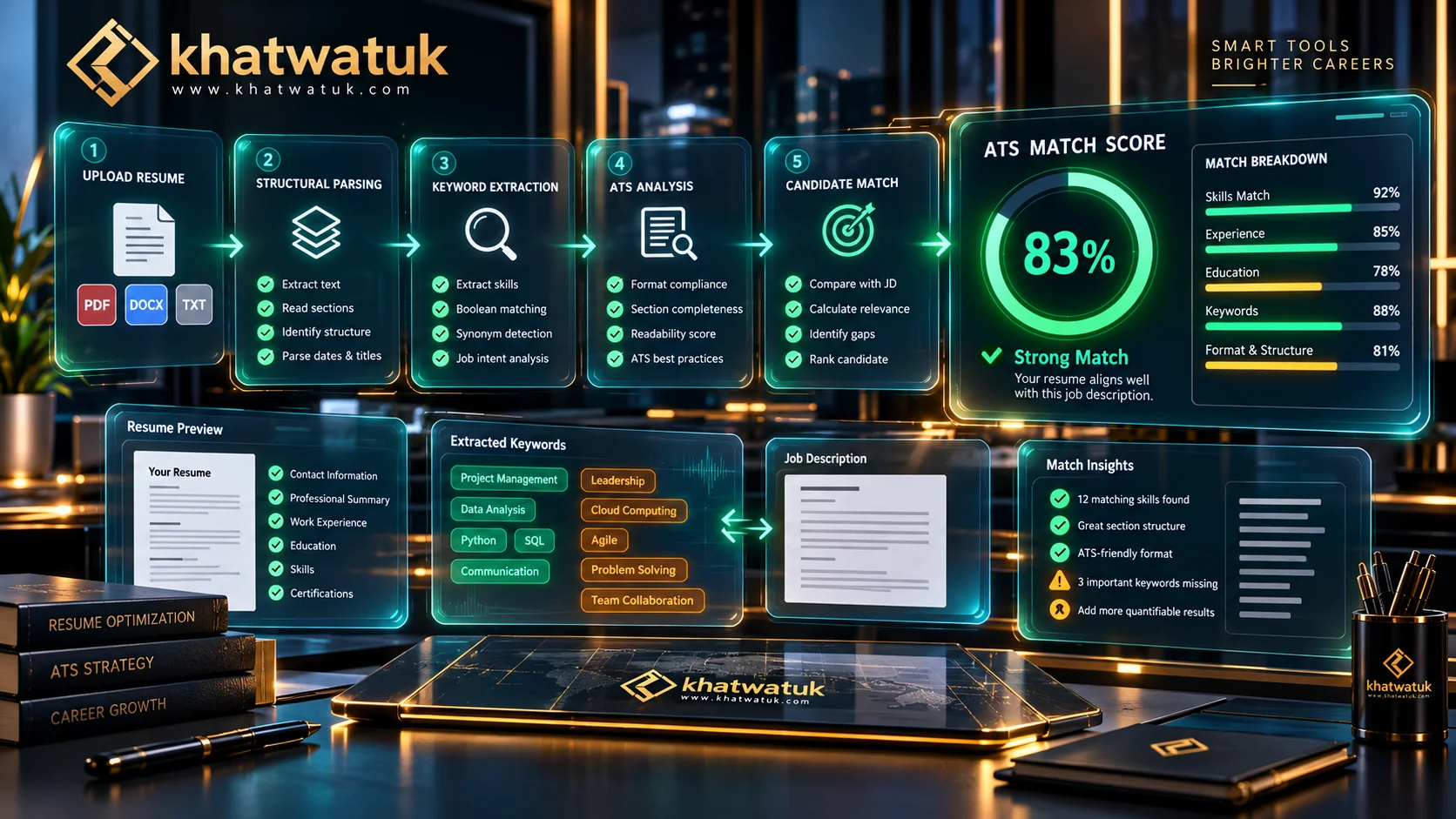 Executive workstation displaying an end-to-end ATS resume testing simulation environment with diagnostic telemetry