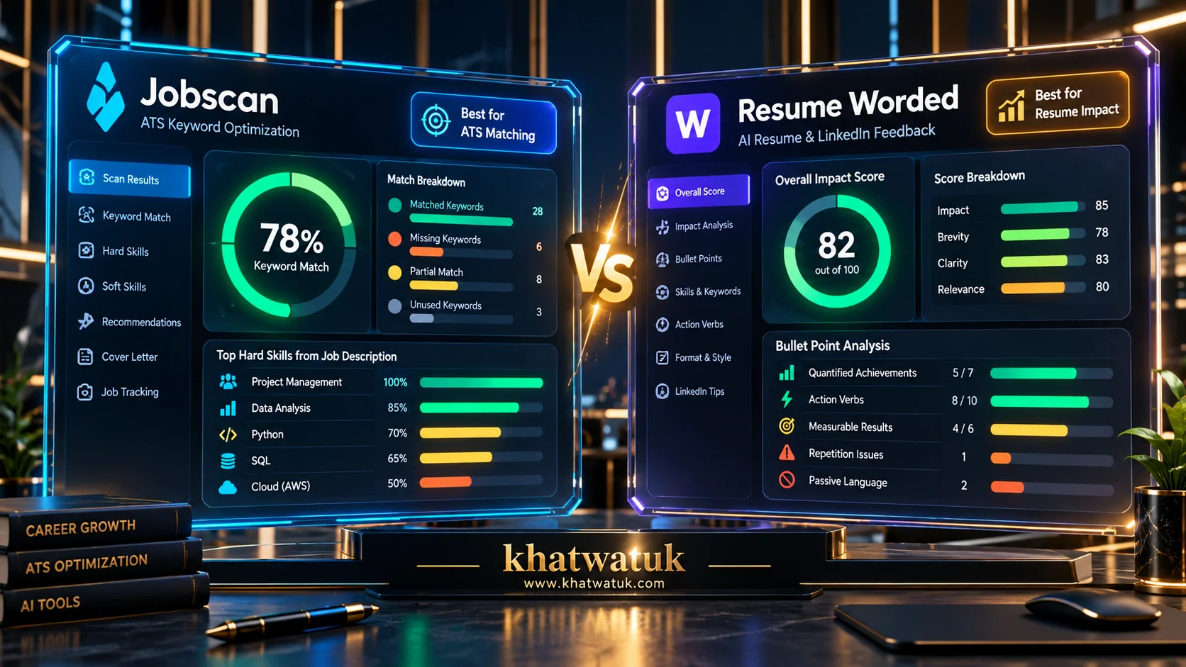 High-tech comparative dashboard displaying a side-by-side evaluation of Jobscan and Resume Worded on floating glass monitors