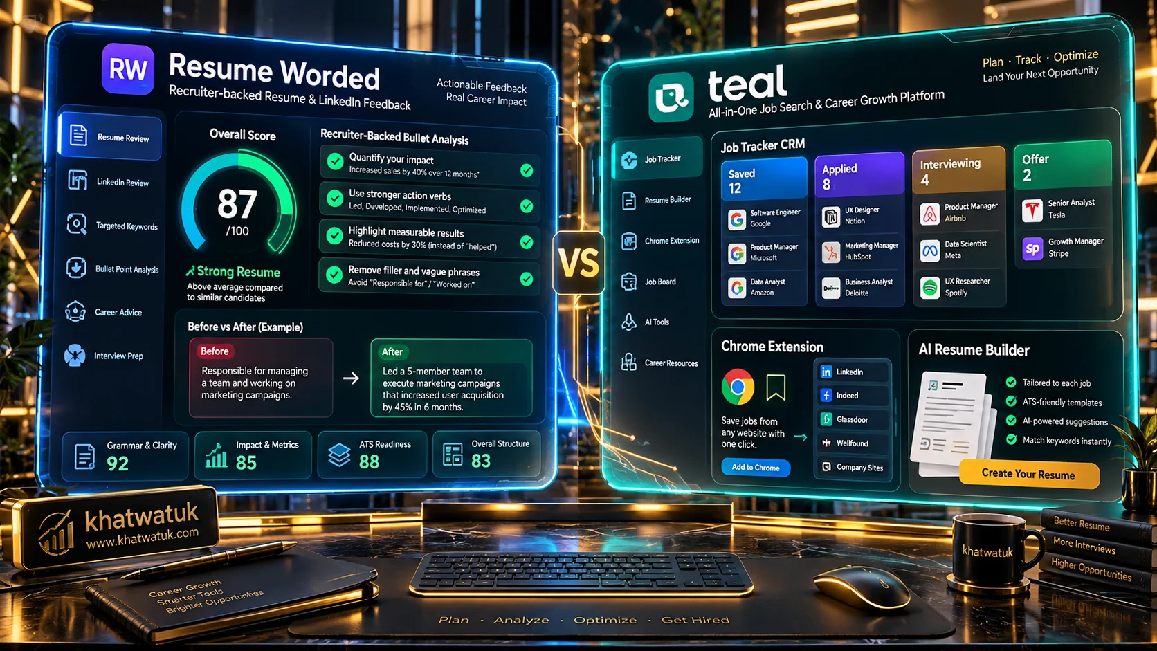 High-tech comparative dashboard displaying a side-by-side evaluation of Resume Worded and Teal on floating holographic screens