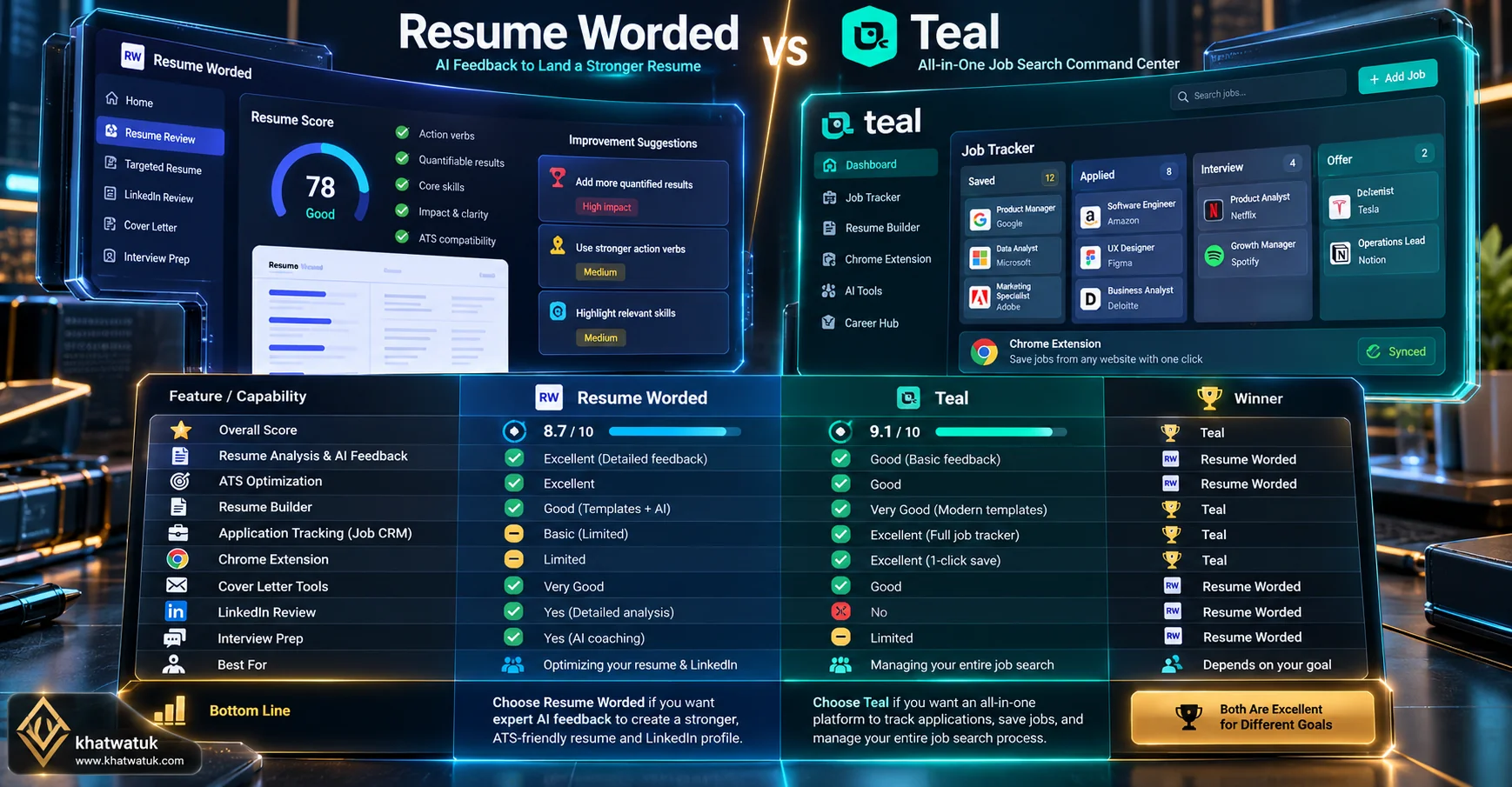 Comprehensive comparison scorecard matrix contrasting Resume Worded and Teal across diagnostic features, job tracking, and pricing