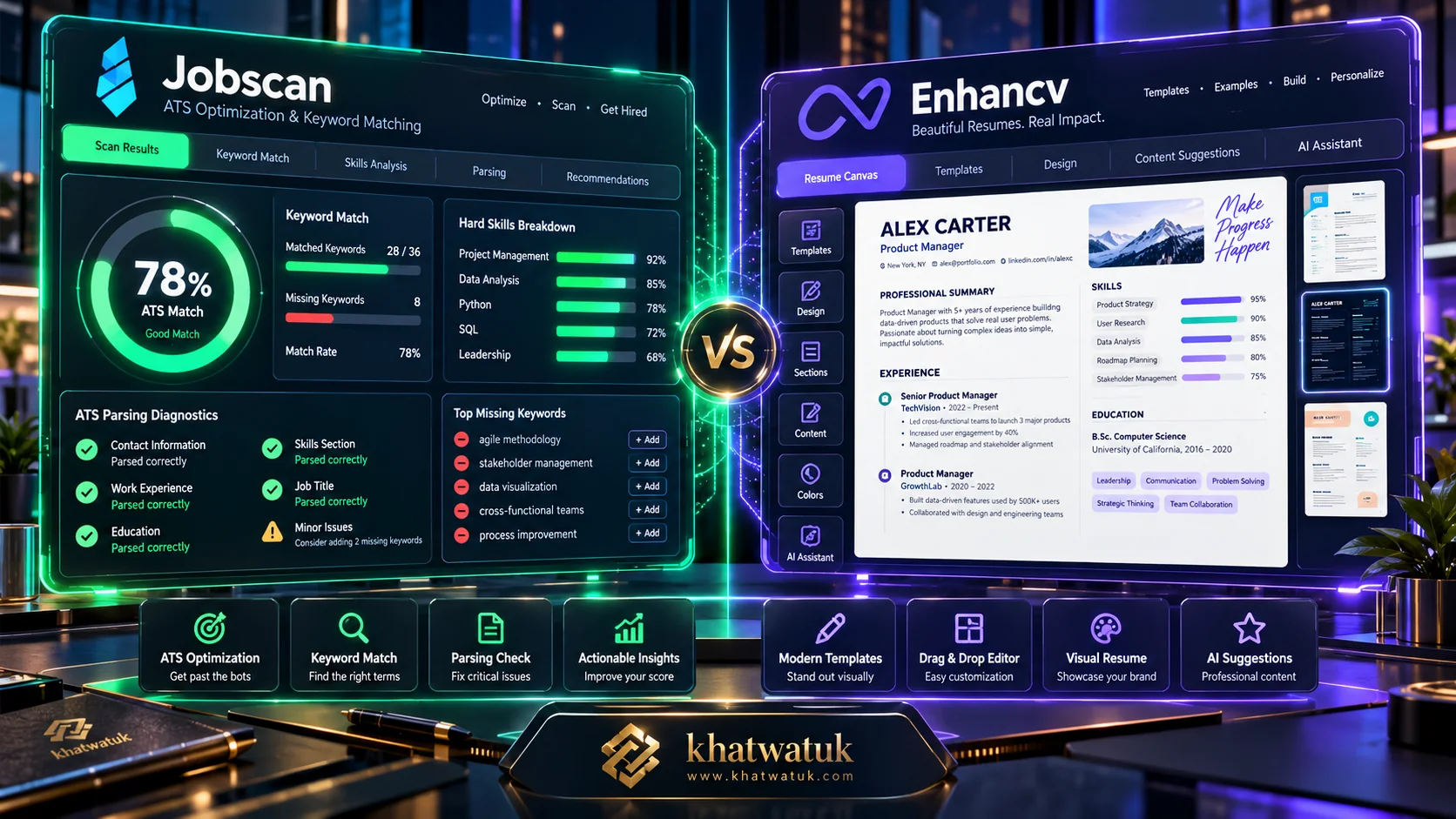 High-tech comparative dashboard displaying a side-by-side evaluation of Jobscan and Enhancv on floating holographic screens