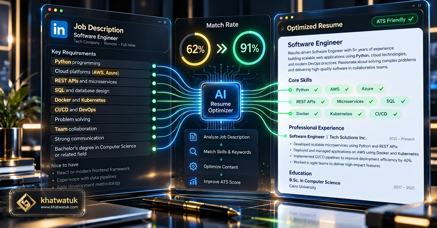 Side-by-side ATS resume scanner interface showing automated keyword matching and score optimization