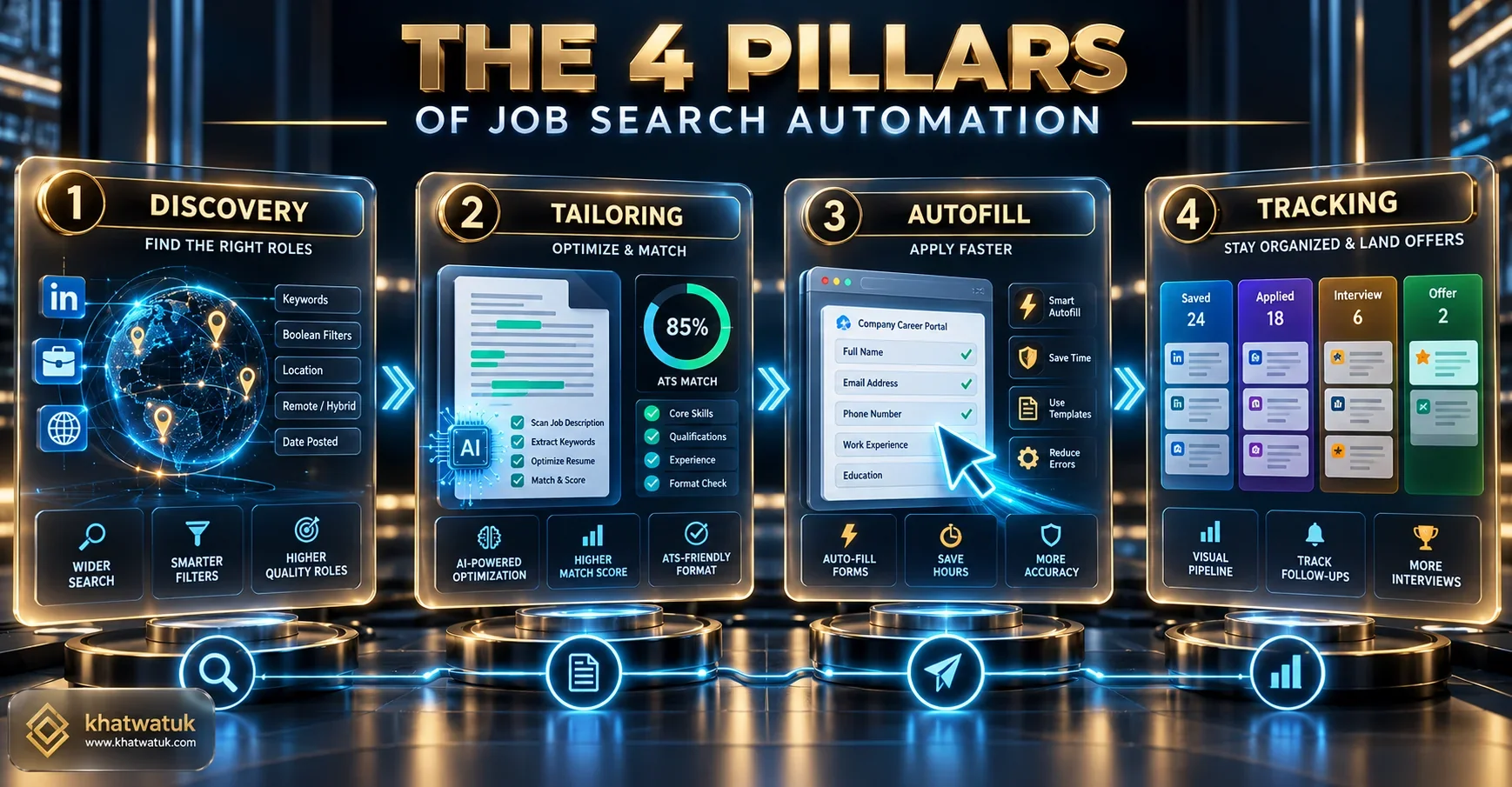 The 4 pillars of modern job search automation showing discovery, resume tailoring, autofill, and application tracking