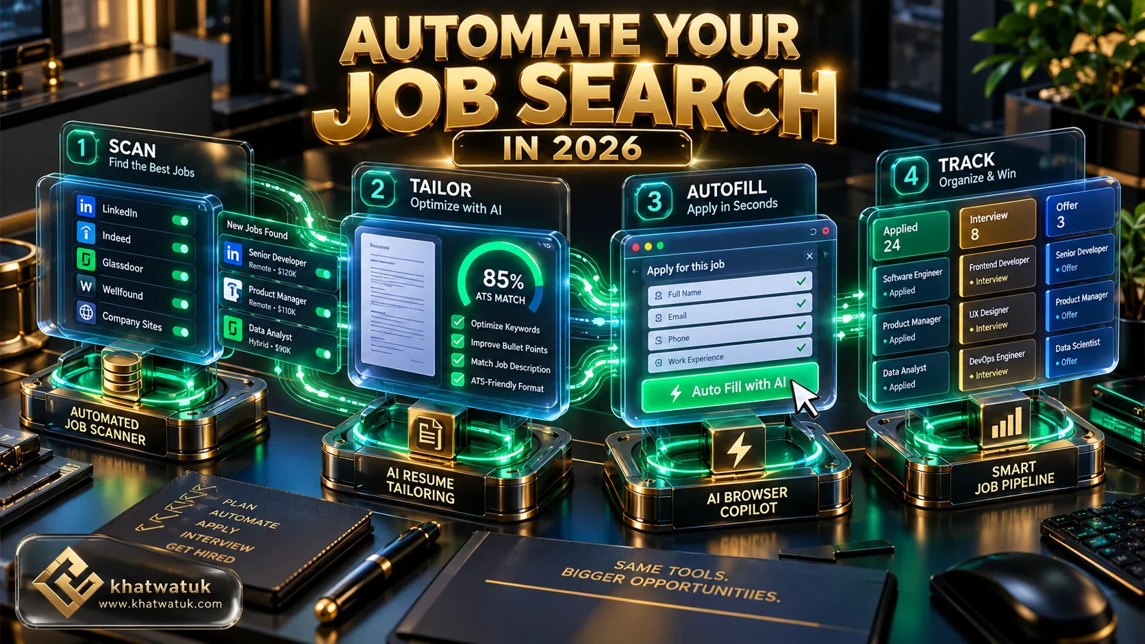 Complete workflow diagram illustrating how to automate your job search using AI tools and tracking systems