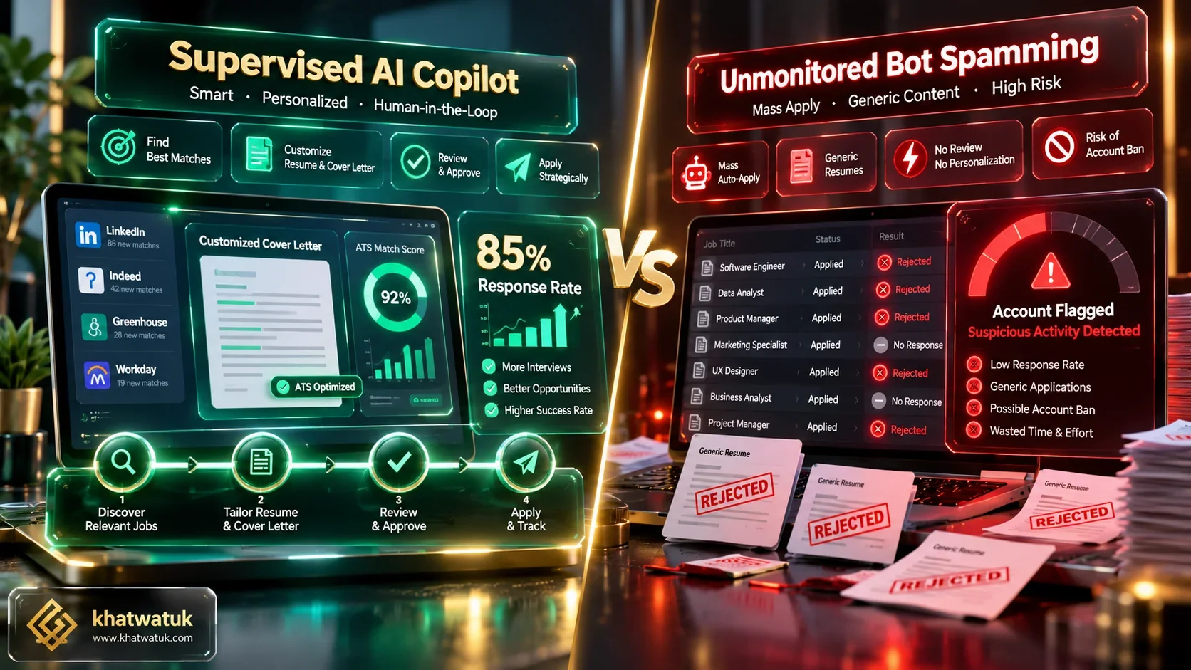 Comparison between supervised AI copilot and unmonitored mass auto-apply bots