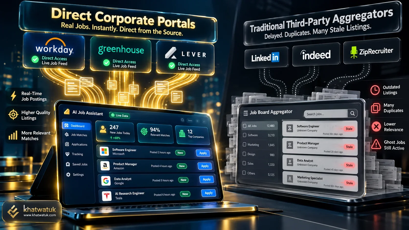 Direct employer portal crawling compared to stale commercial job board aggregators