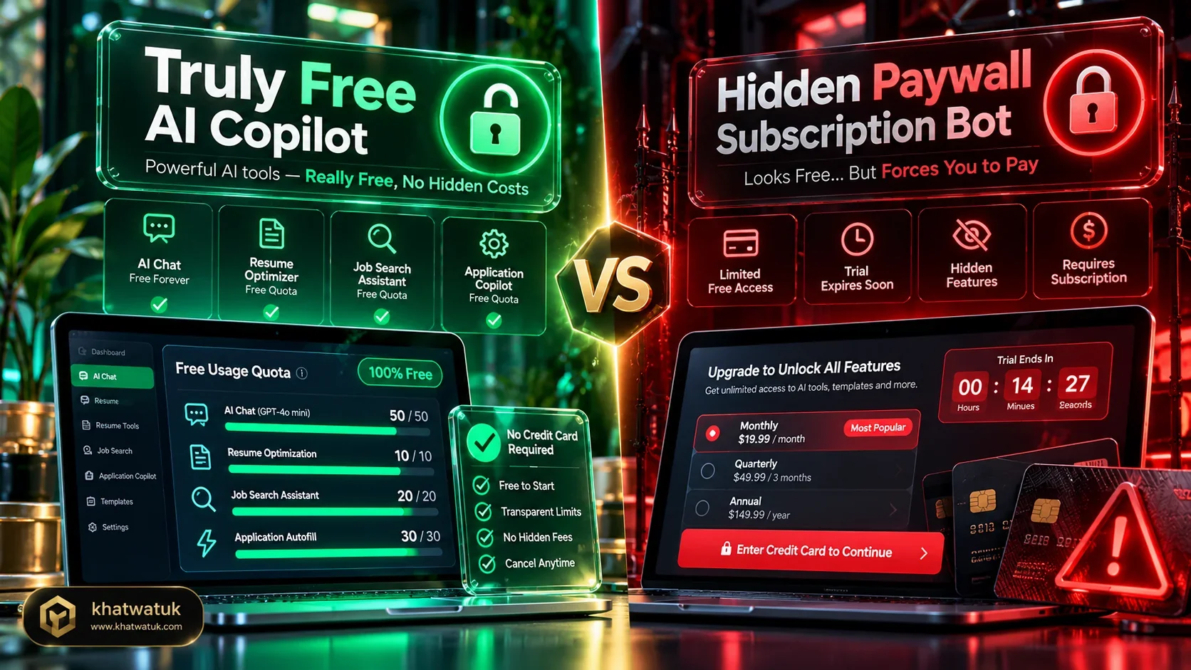 Comparison between truly free AI job application tools and hidden paywall subscription bots