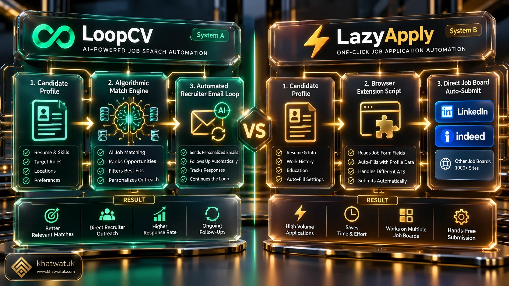 Architectural diagram comparing LoopCV email matching loops with LazyApply auto-apply bot