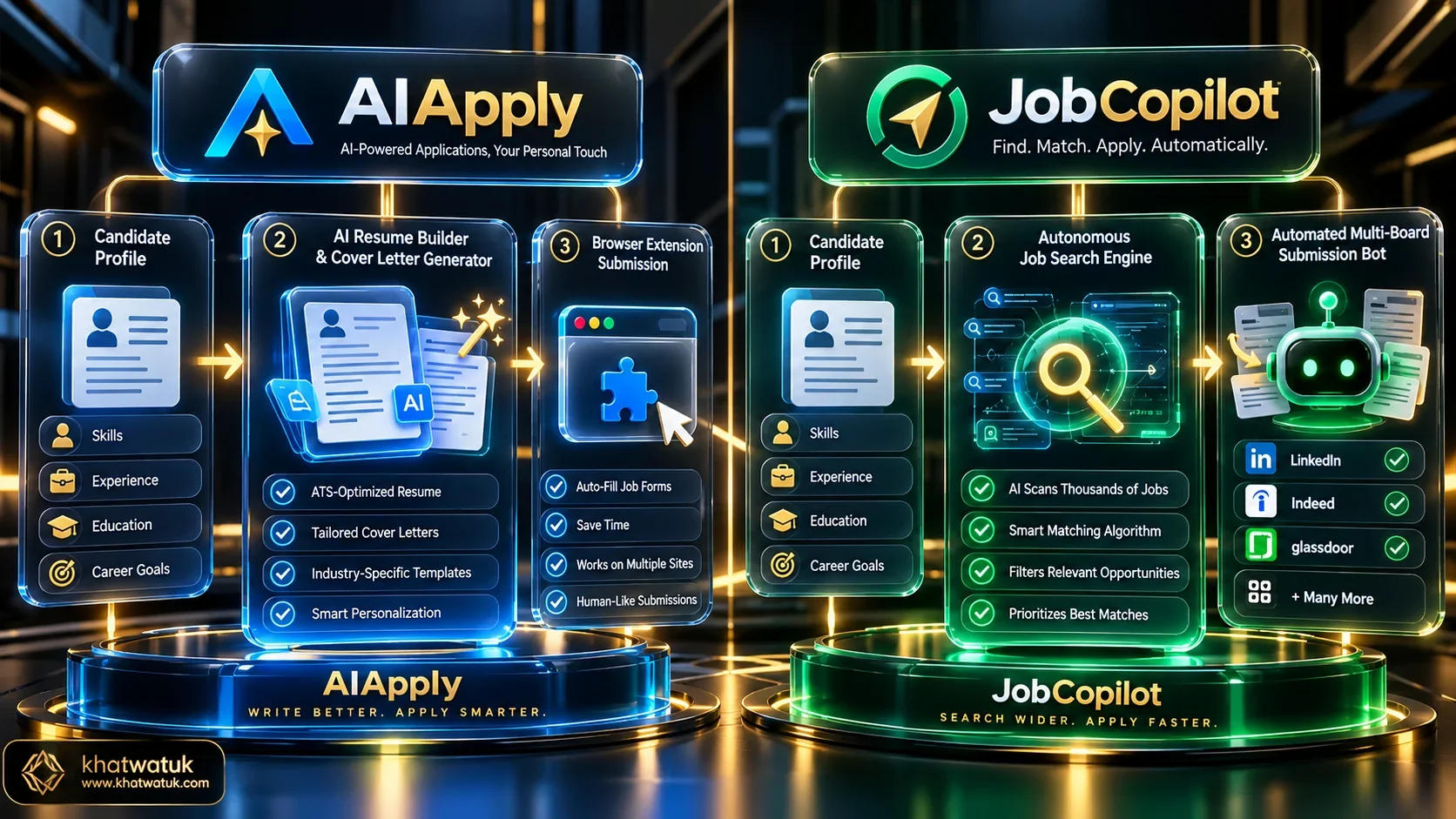 Architectural diagram comparing AIApply all-in-one suite with JobCopilot autonomous bot