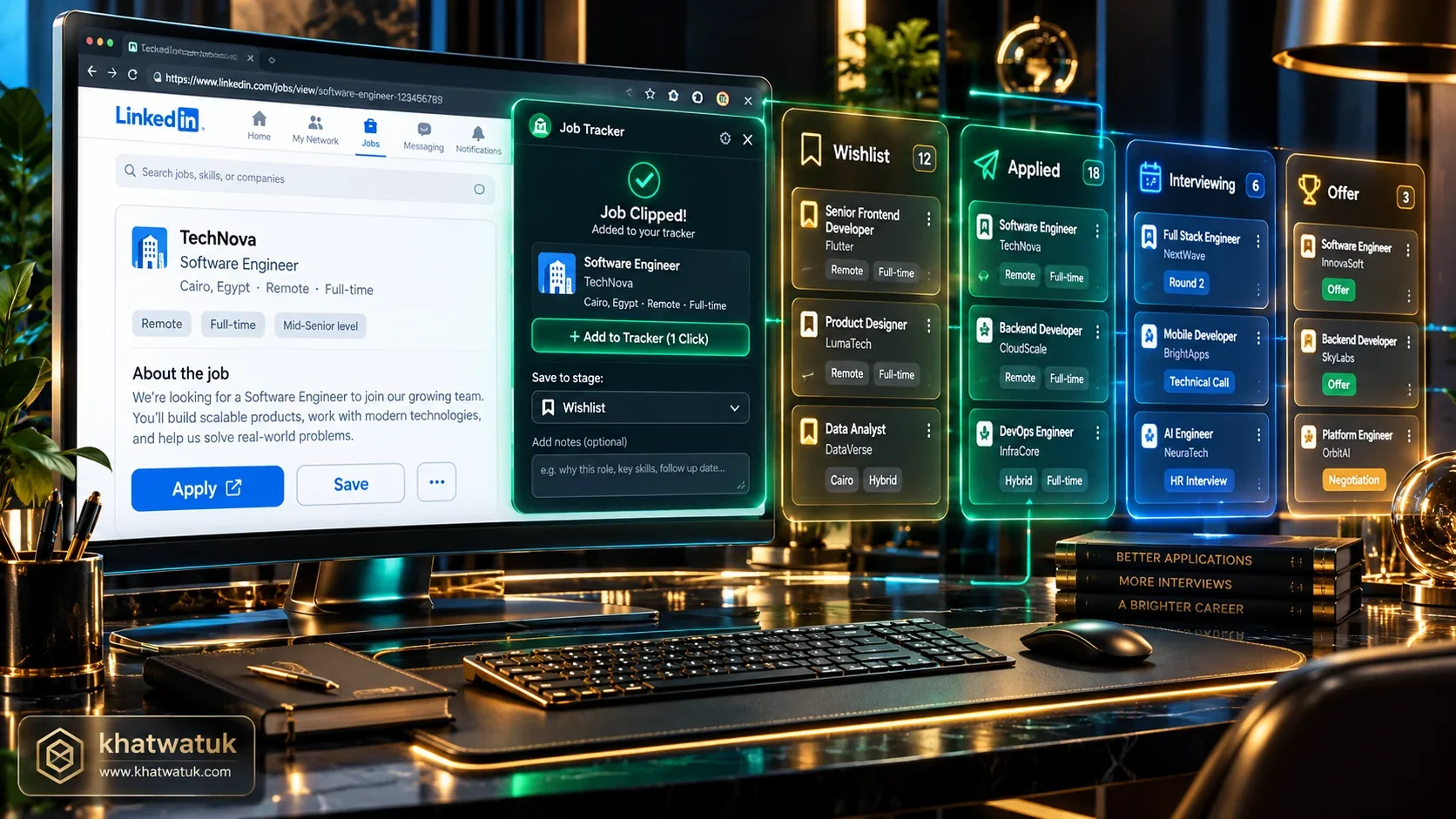 Job application tracker Chrome extension command dashboard and Kanban pipeline