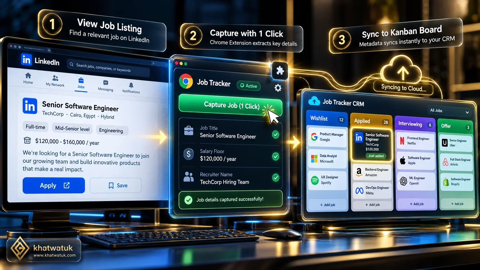 Workflow diagram showing Chrome extension 1-click job capture to Kanban CRM pipeline