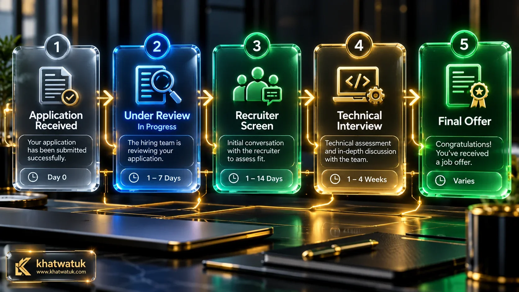 Visual diagram decoding job application statuses from Application Received to Under Review and Offer