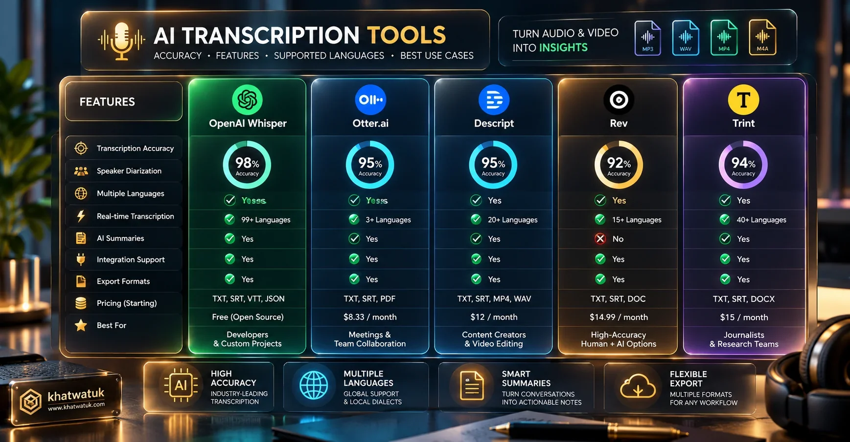 Side by side feature comparison table of top AI meeting assistants