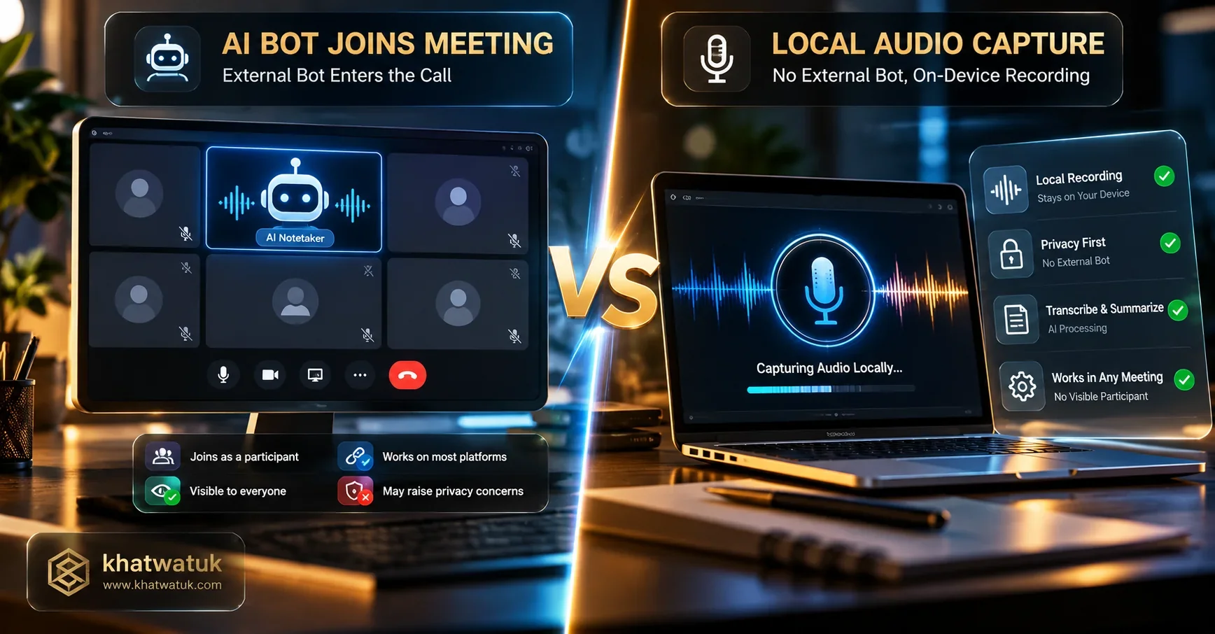 Comparison diagram of bot-based vs bot-free AI meeting assistants