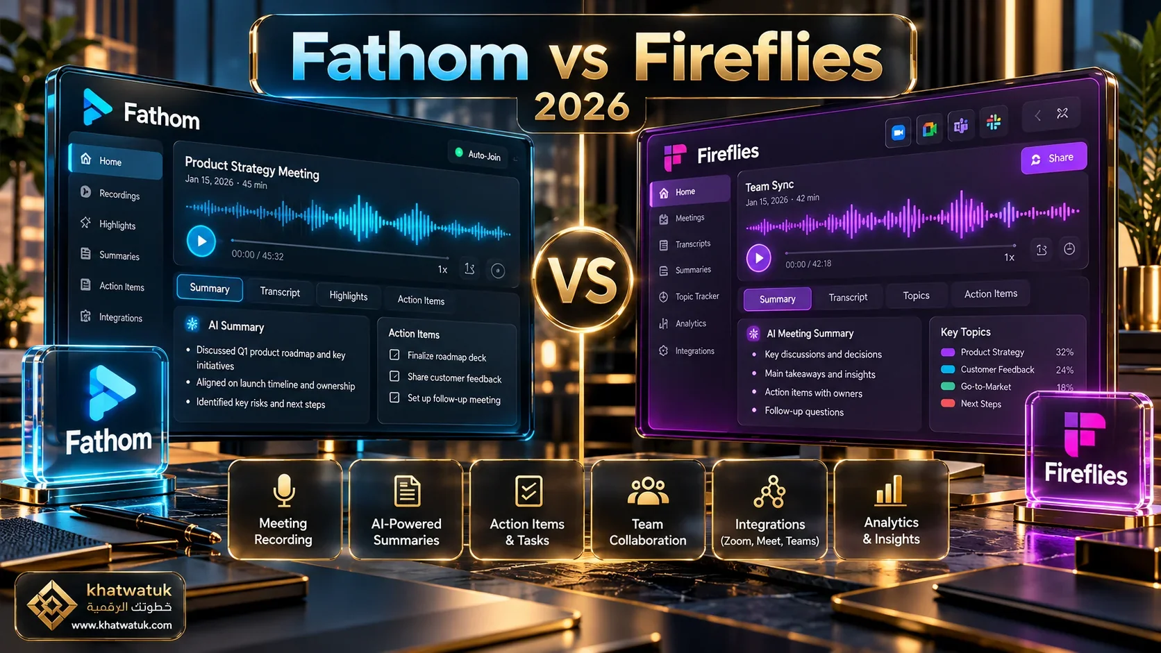 Fathom vs Fireflies comparison banner showing AI meeting assistants evaluated by khatwatuk.com