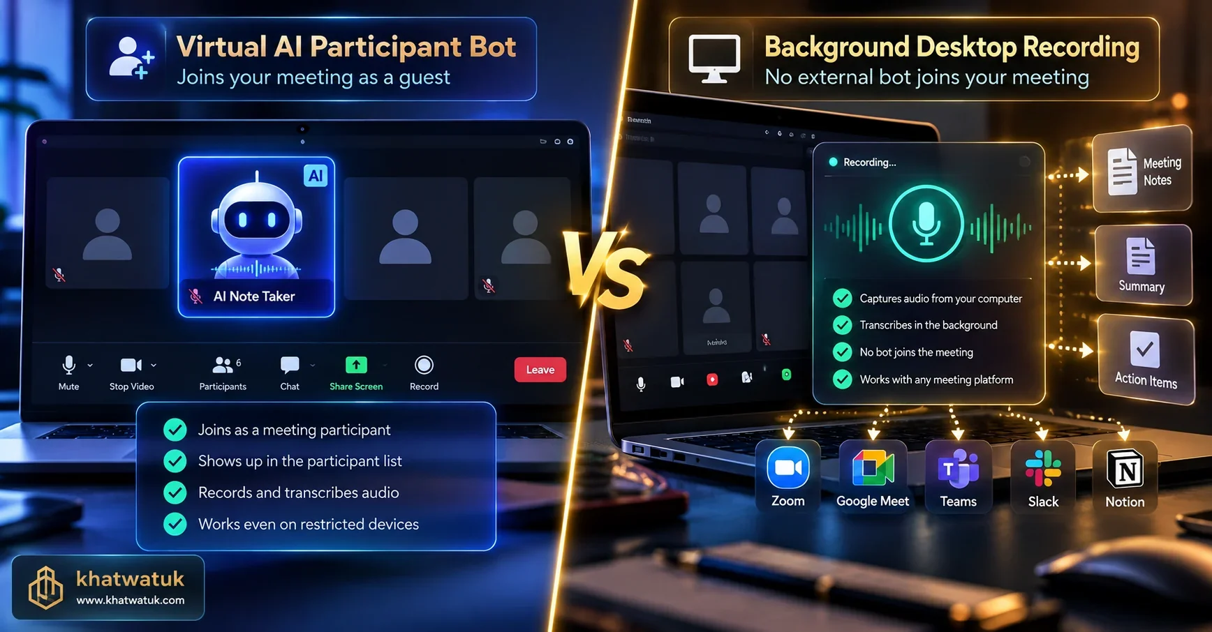 Diagram comparing virtual recording bot presence vs bot-free desktop recording