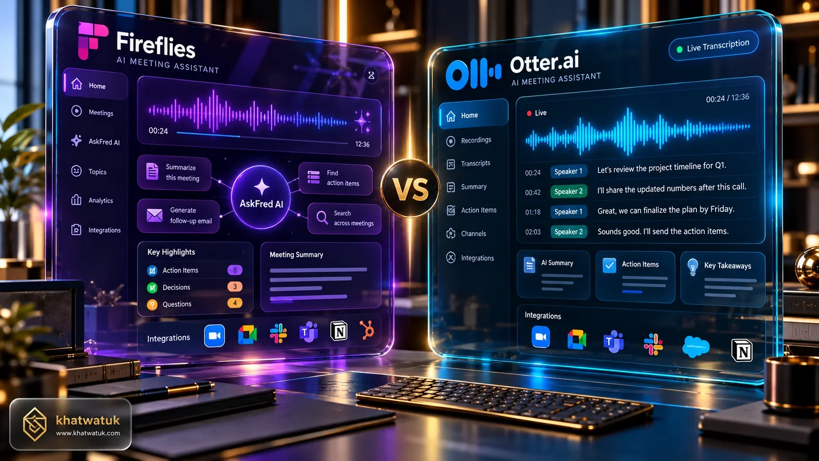 Fireflies vs Otter head-to-head comparison hero showing AI meeting assistants evaluated by khatwatuk.com