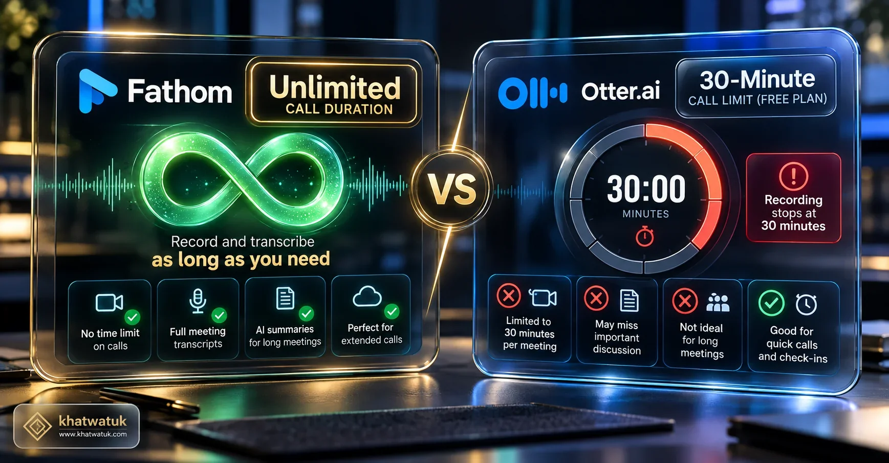 Fathom vs Otter free plan limits comparison showing unlimited recording versus 30-minute conversation cutoffs