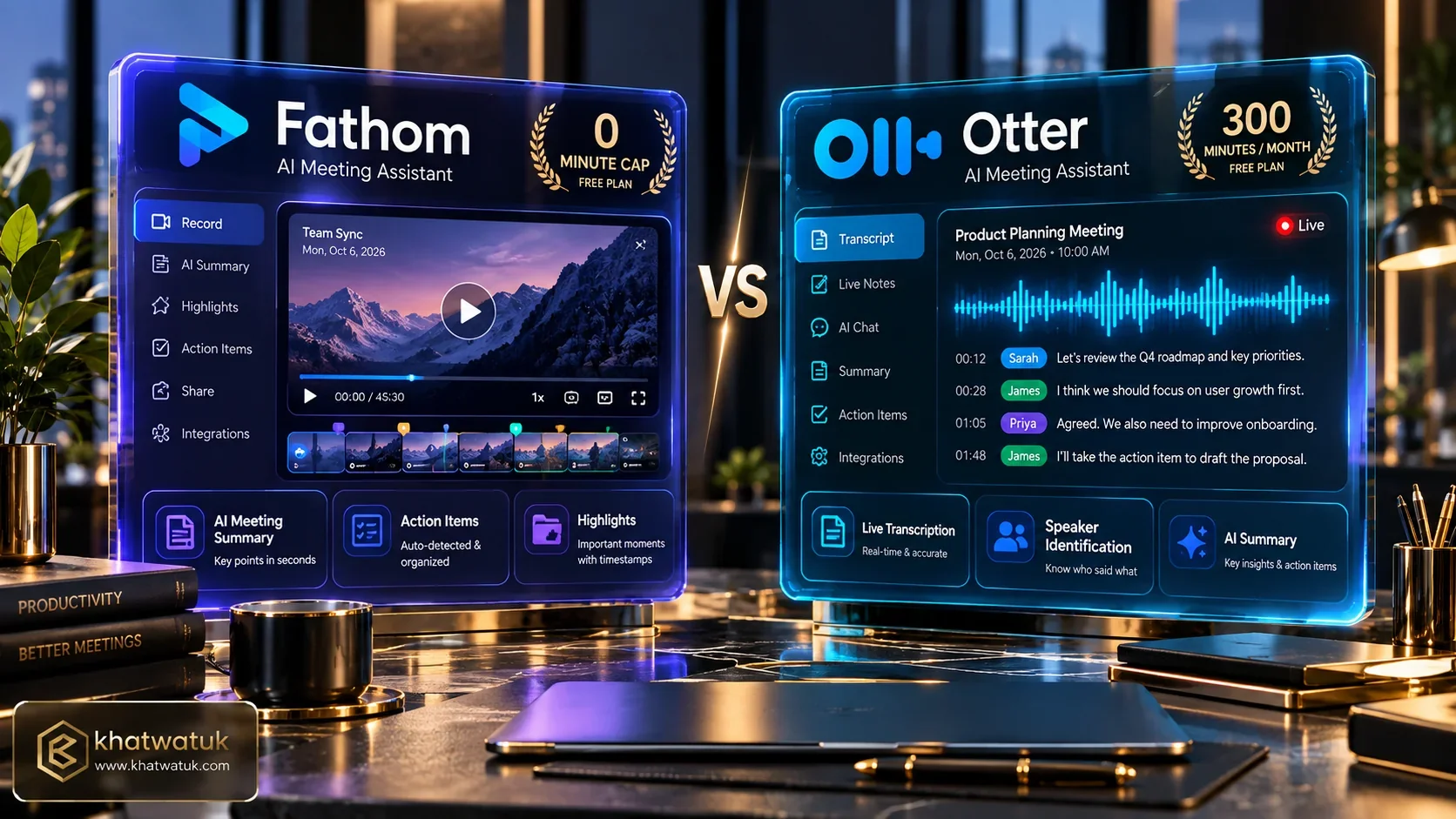 Fathom vs Otter head-to-head comparison hero showing AI meeting assistants and transcription interfaces evaluated by khatwatuk.com