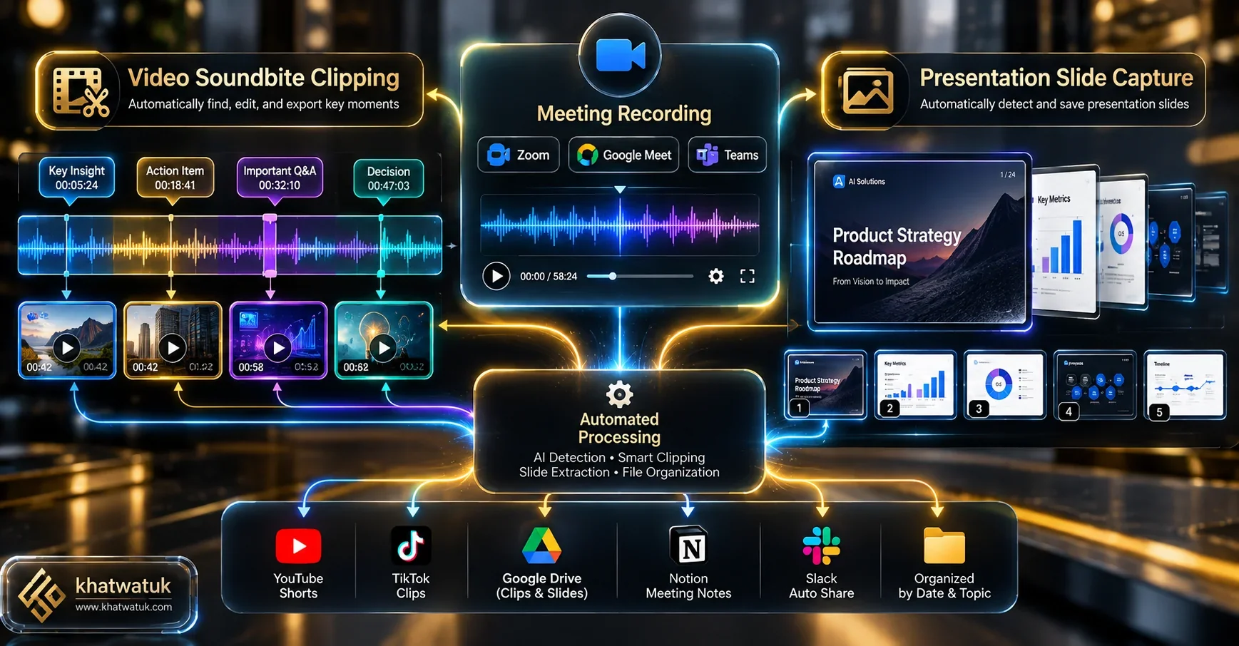 Fathom vs Otter meeting recording mechanics and automated presentation slide capture workflow diagram