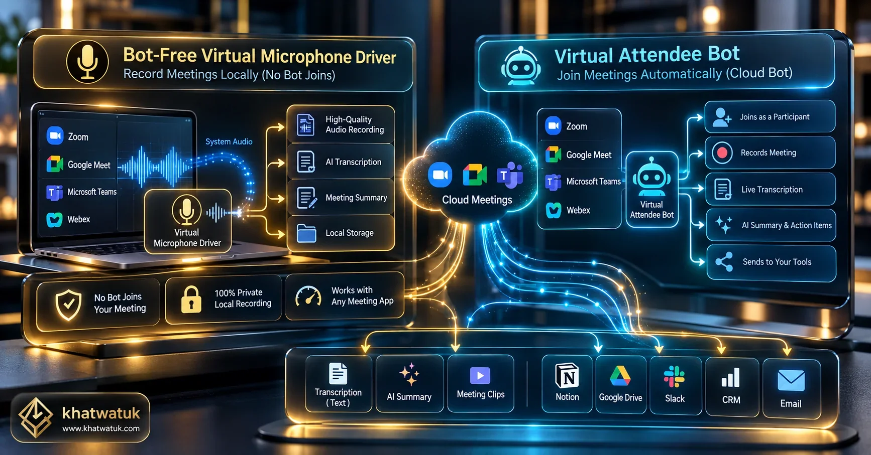 Krisp vs Otter meeting bot architecture comparison: on-device virtual driver versus virtual attendee bot